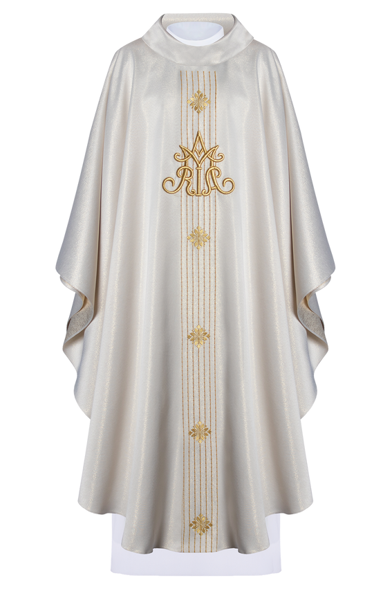 Ornat liturgiczny Maryjny z błyszczącej tkaniny inspirowany różańcem