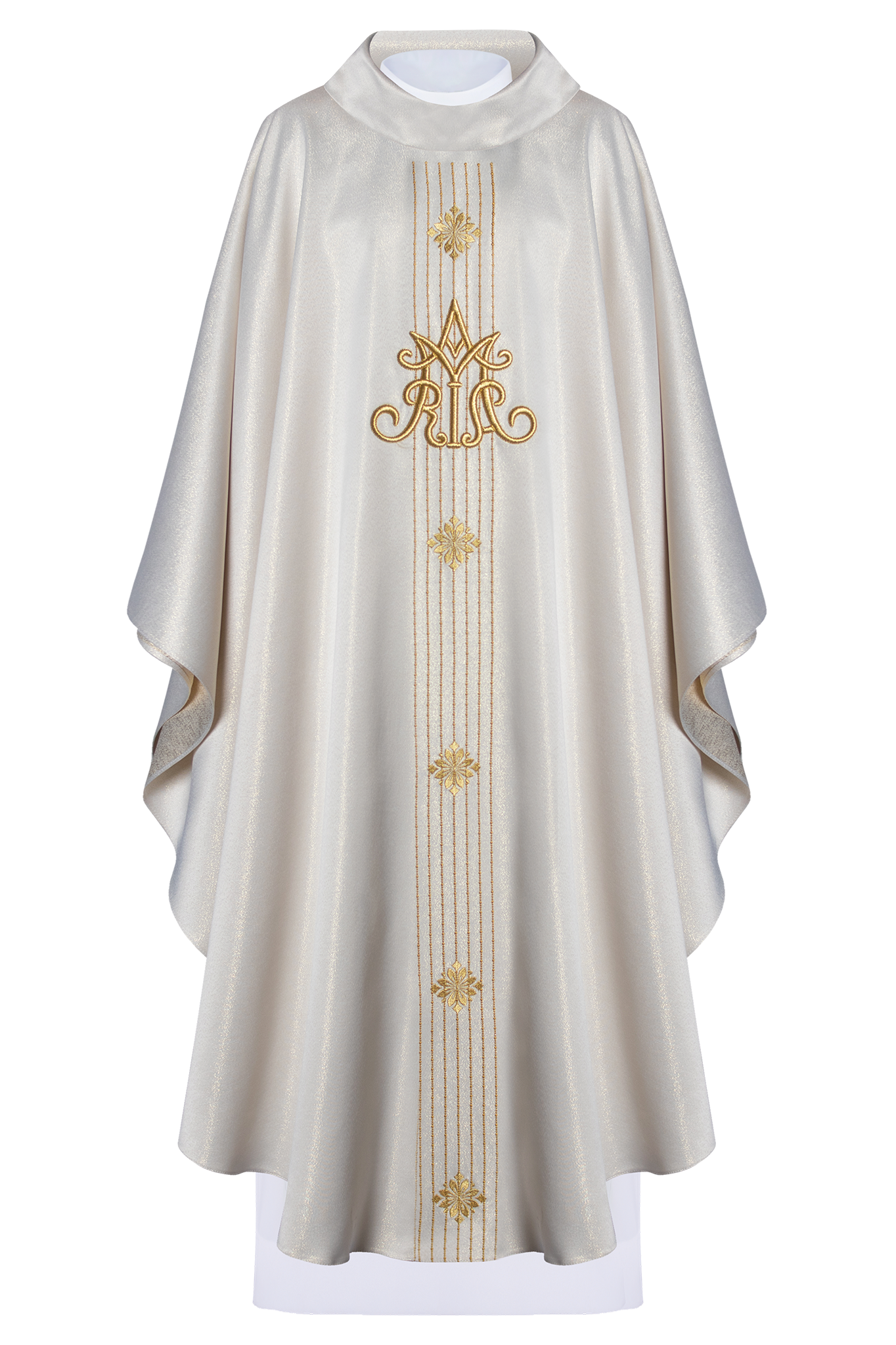 Ornat liturgiczny Maryjny z błyszczącej tkaniny inspirowany różańcem