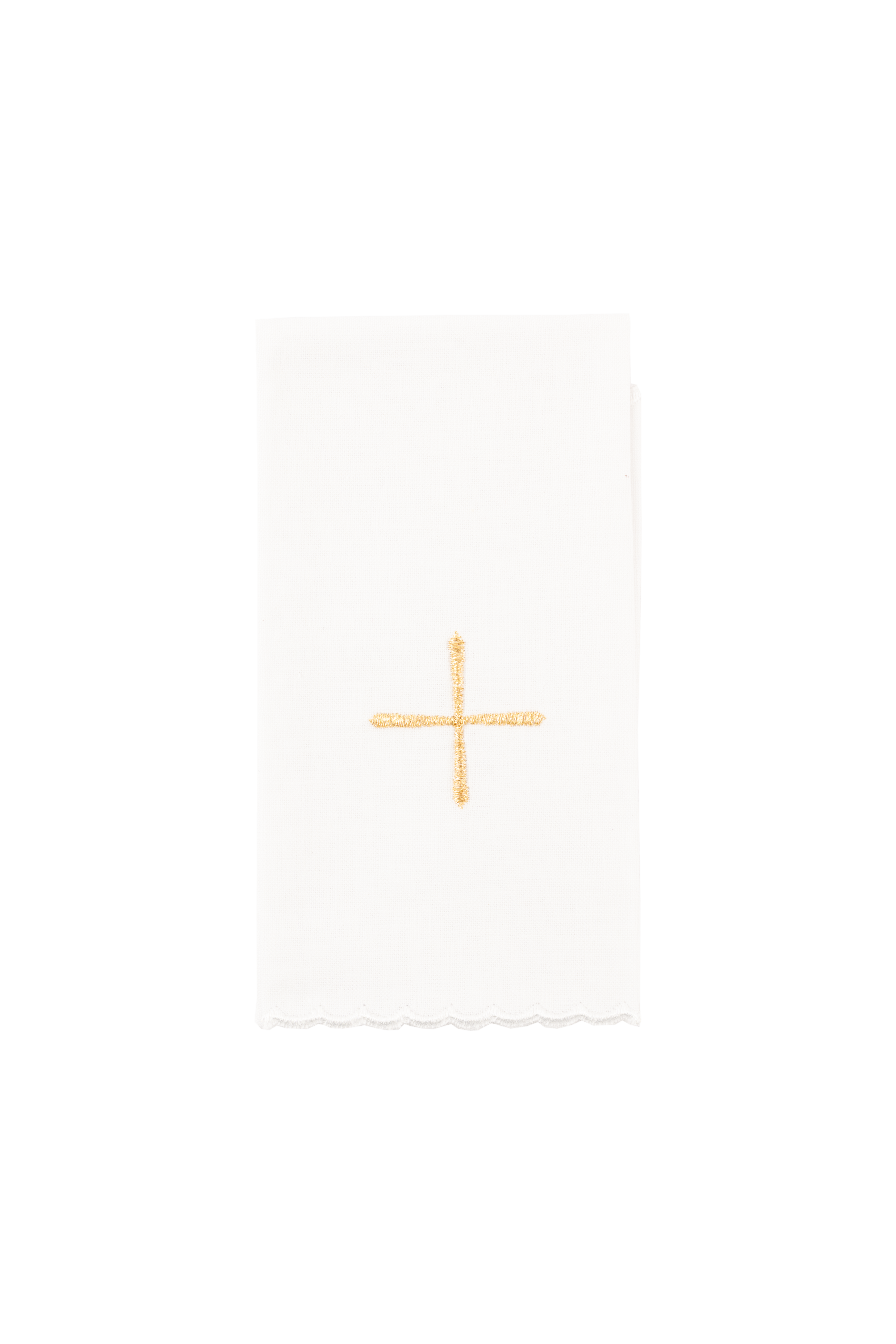 Puryfikaterz bawełniany biały z haftowanym złotym krzyżem pośrodku i białą wycinaną falą na dolnej krawędzi