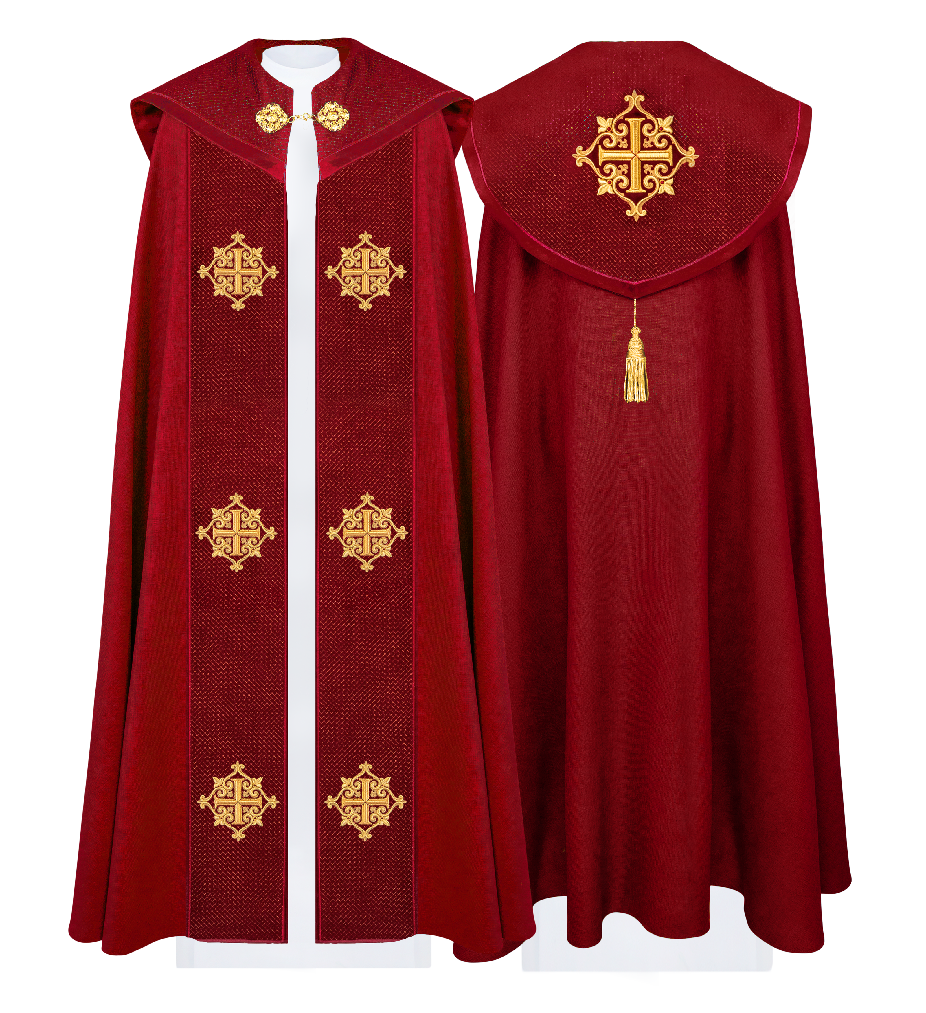 Kapa liturgiczna z aksamitnym czerwonym pasem i haftem krzyży