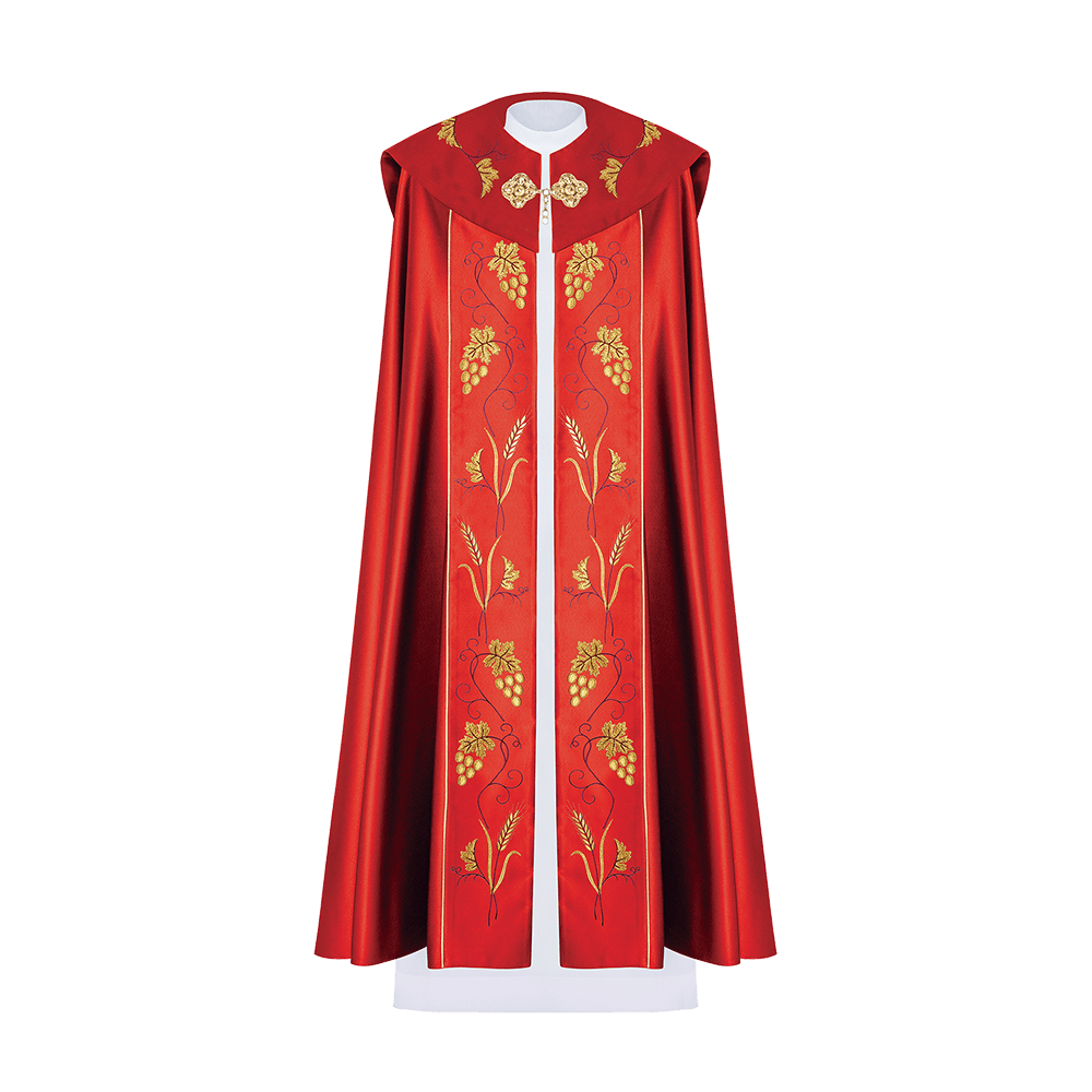 Czerwona kapa liturgiczna z złotym haftem IHS i winogron