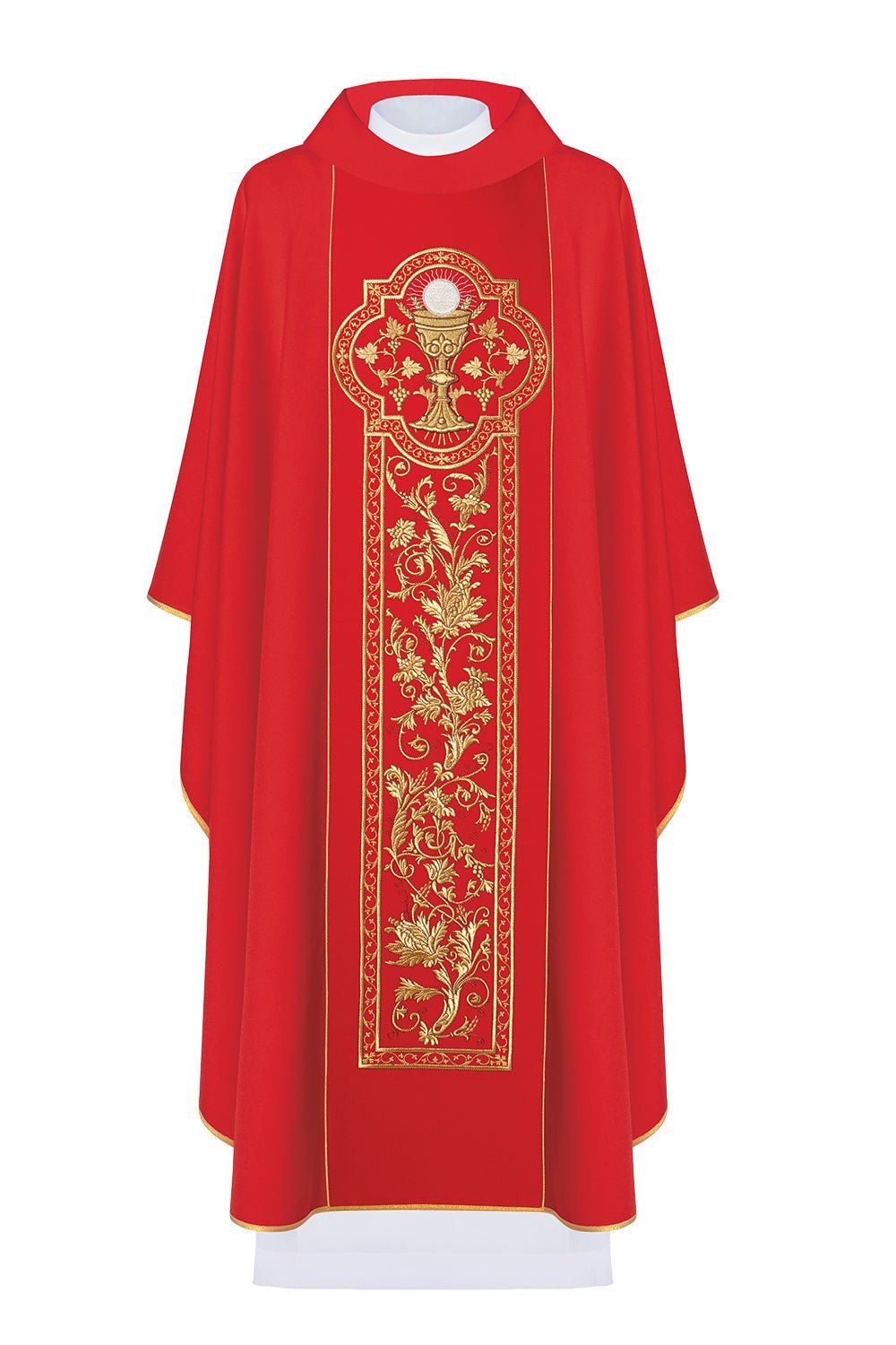 Czerwony ornat z symbolem kielicha eucharystycznego