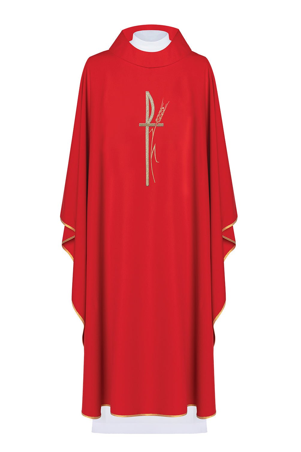 Czerwony ornat liturgiczny z haftowanym krzyżem