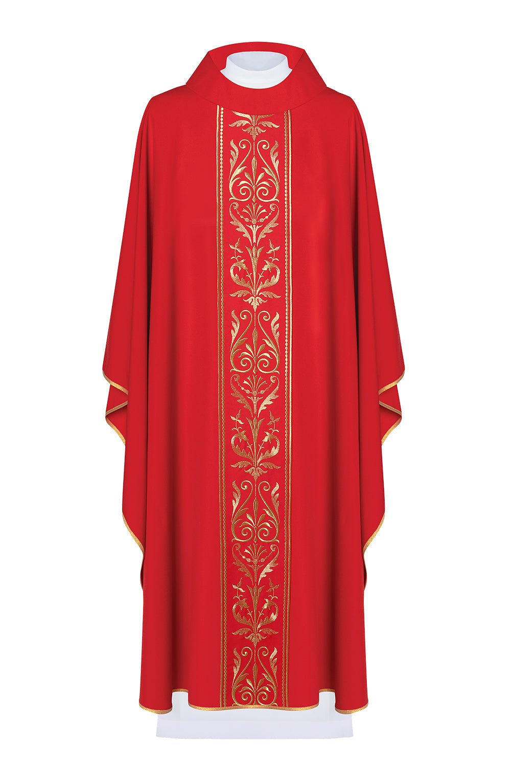 Czerwony ornat liturgiczny zdobiony złotym pasem haftowanym