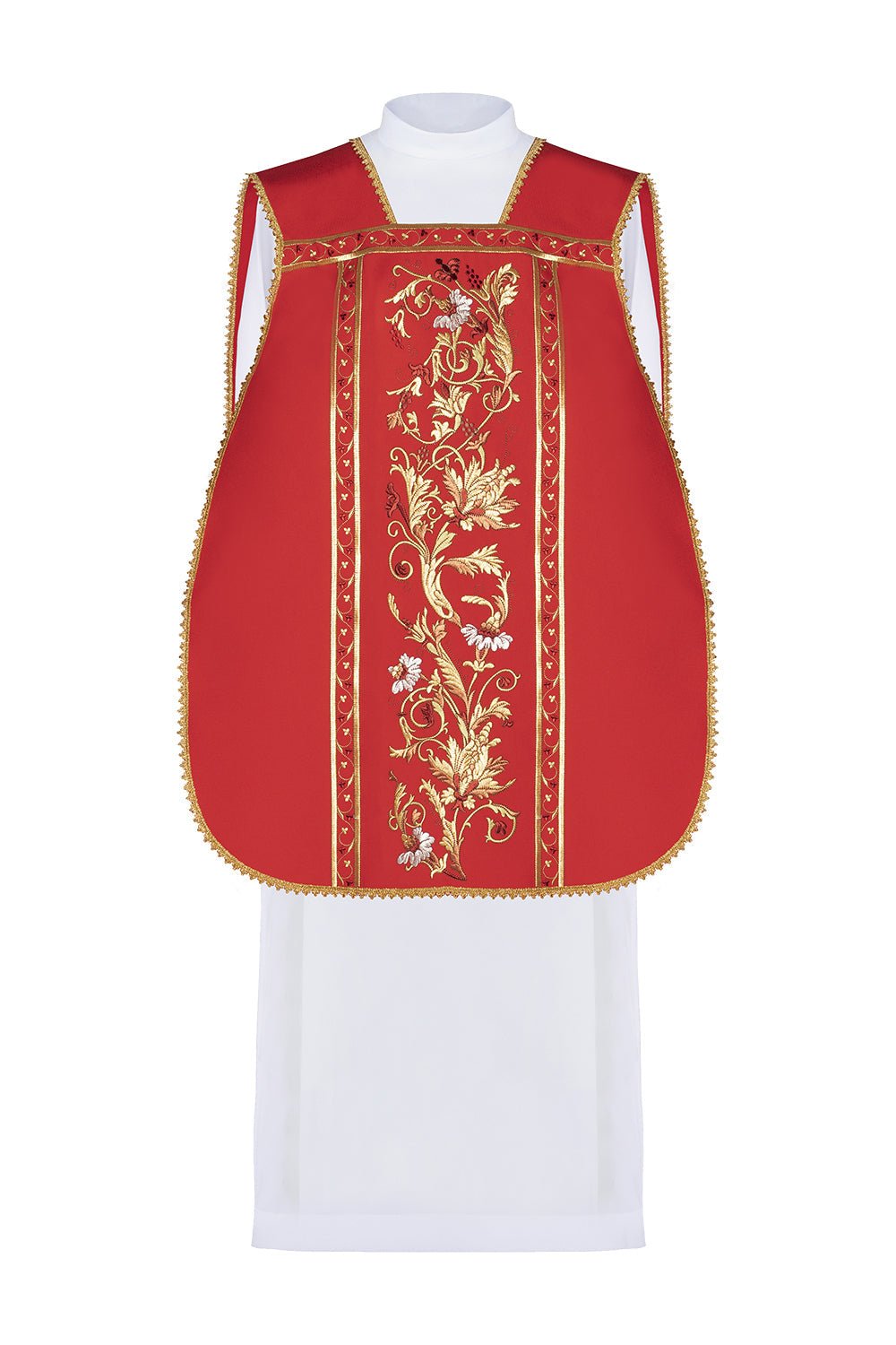 Czerwony ornat rzymski haftowany z motywem kielicha eucharystycznego