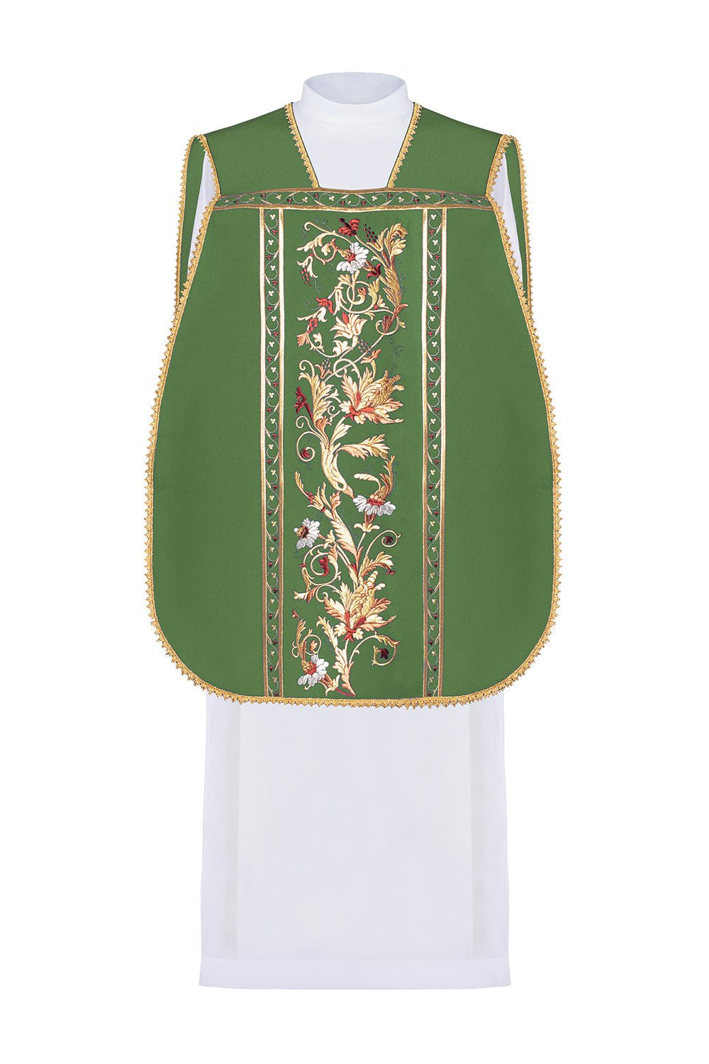 Zielony ornat rzymski haftowany z motywem kielicha eucharystycznego