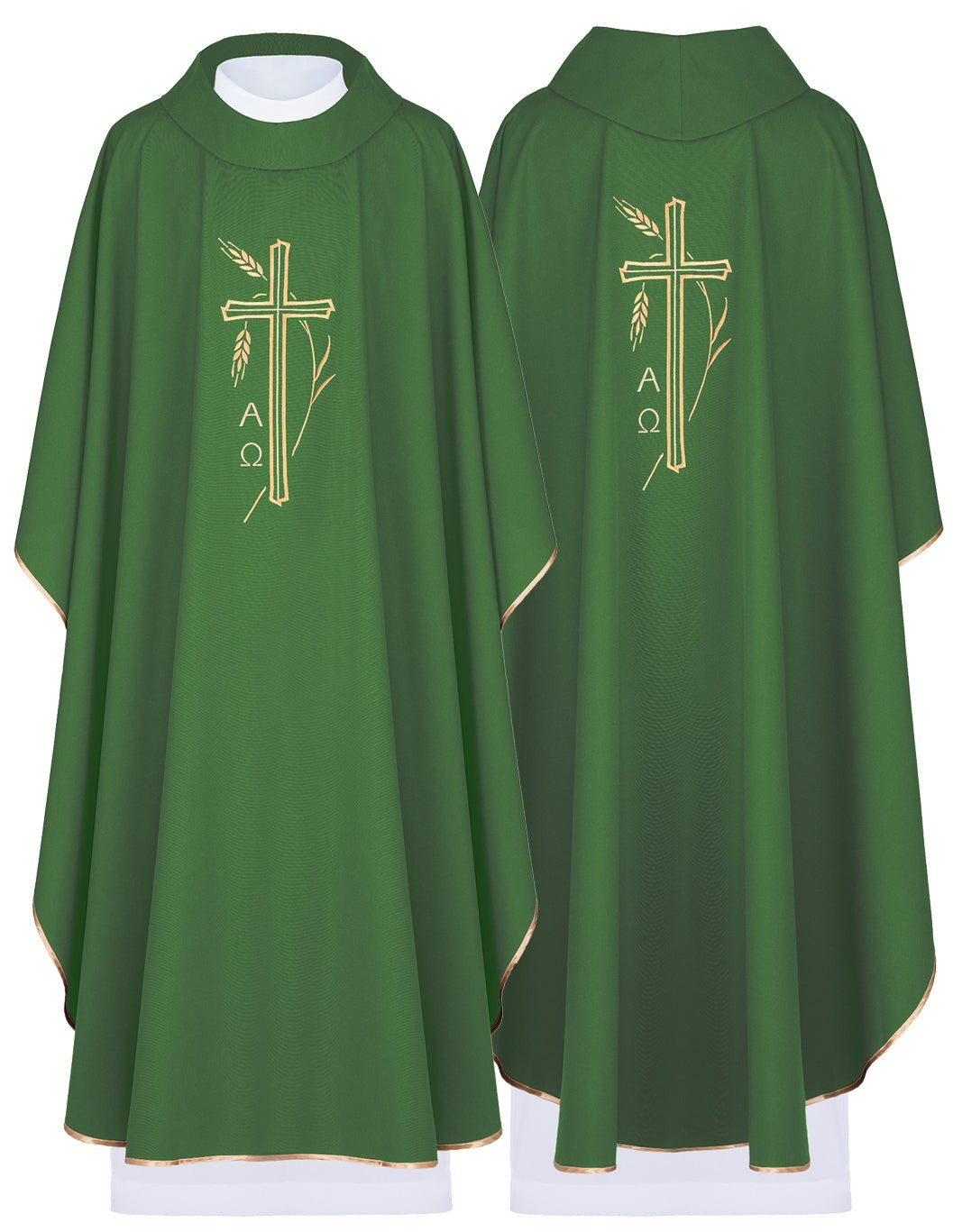Ornat z krzyżem i haftem Alfa i Omega w kolorze zielonym